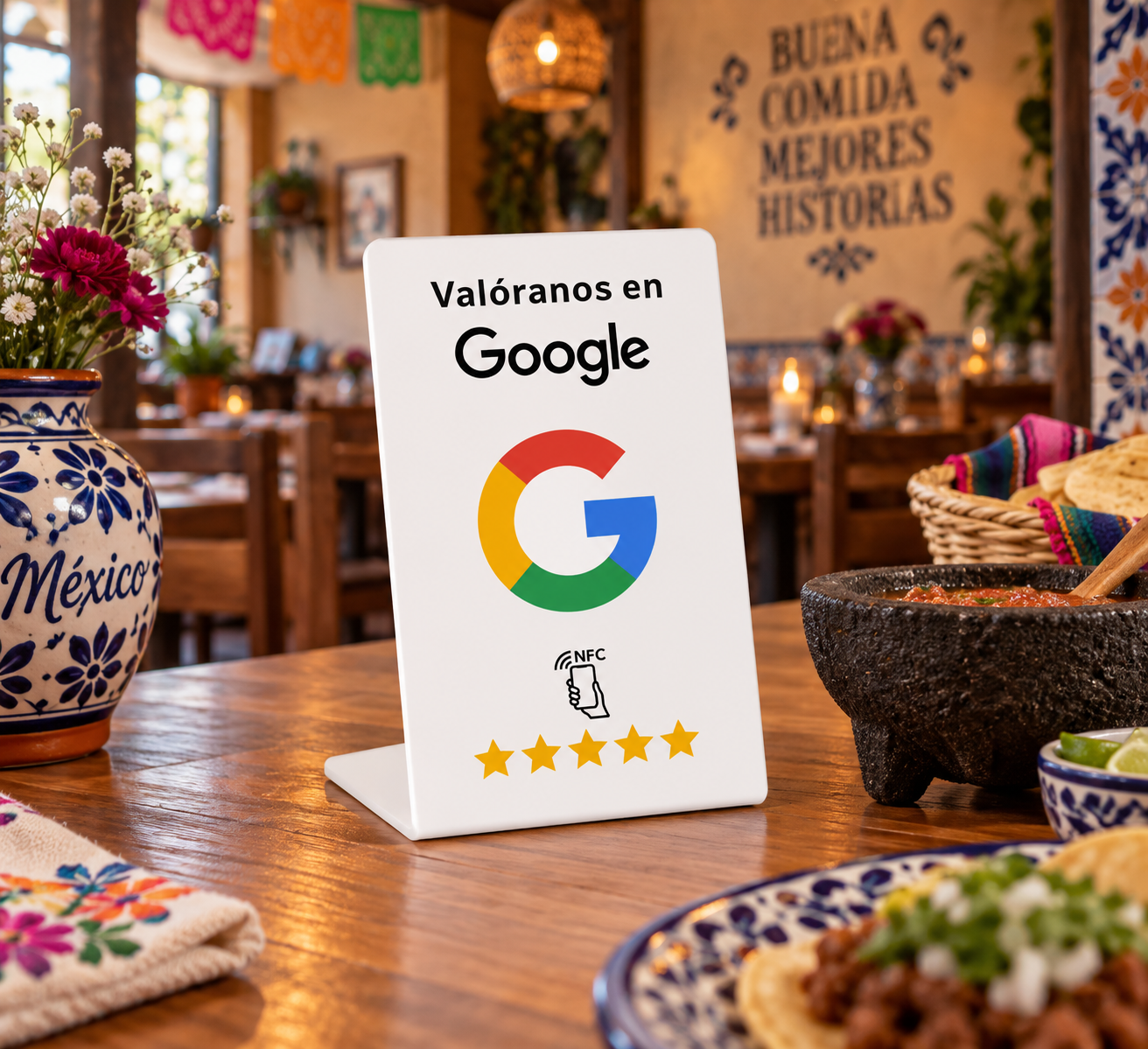 Placa NFC + QR de Sirena para reseñas en Google sobre la mesa de un restaurante